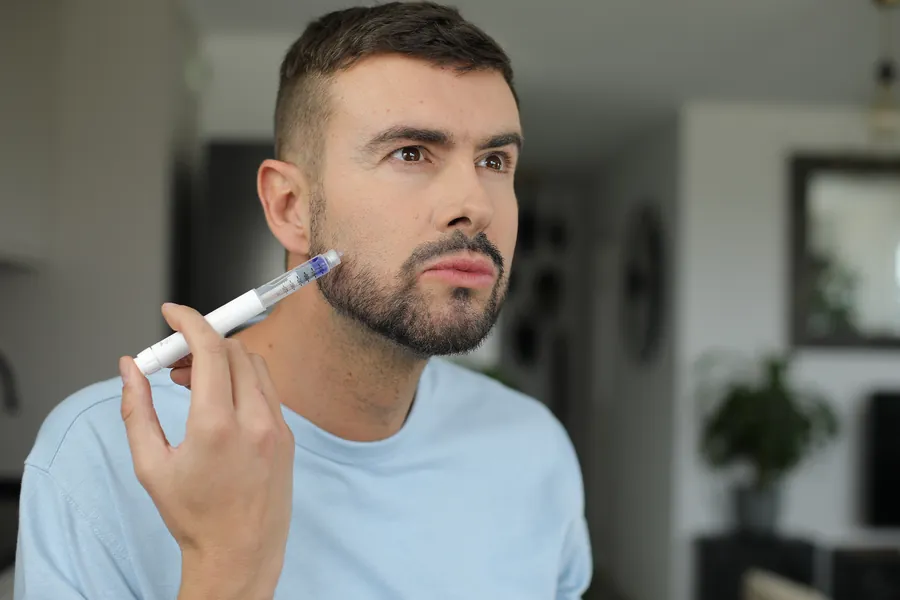 Man using peptide treatment device
